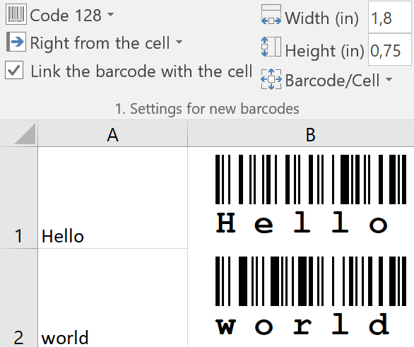 Suplemento de Excel para códigos de barras: Inserir vários códigos de barras