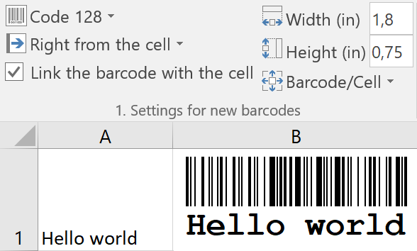 Suplemento de Excel para códigos de barras: Inserir um único código de barras