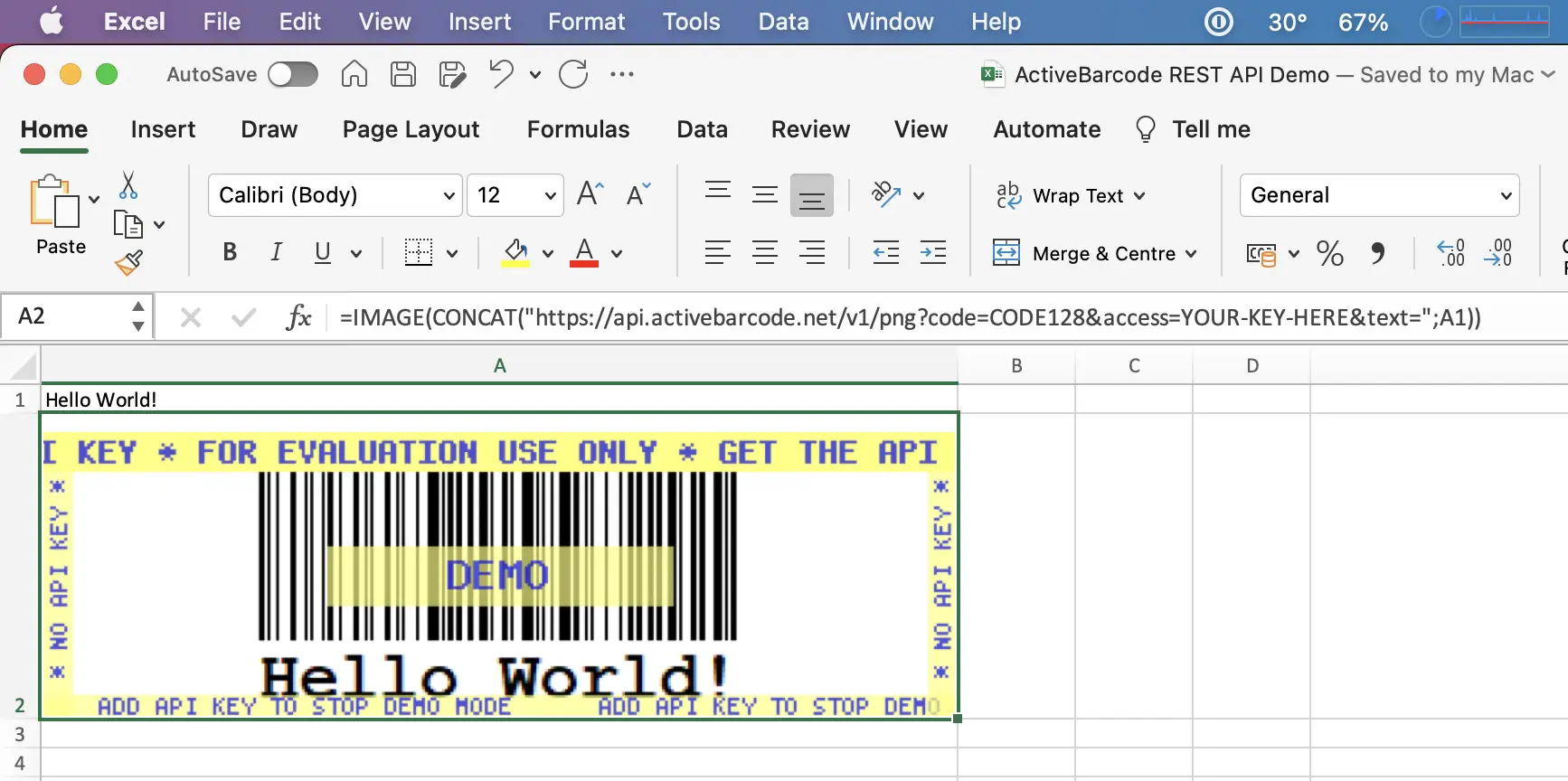 Esta captura de ecrã mostra o código de barras resultante no Excel para Mac que codifica o conteúdo da célula A1.