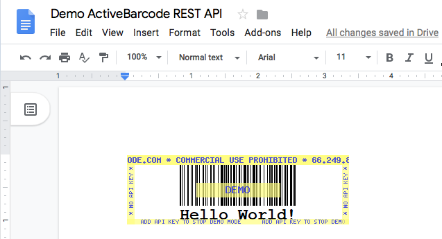 ActiveBarcode: Esta captura de tela mostra o código de barras resultante em Google Docs ao inserir uma imagem com a URL mostrada acima.