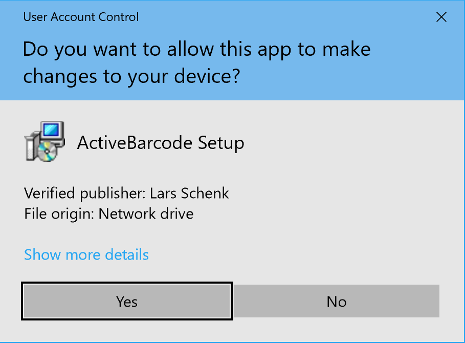 Controle de conta de usuário de configuração ActiveBarcode