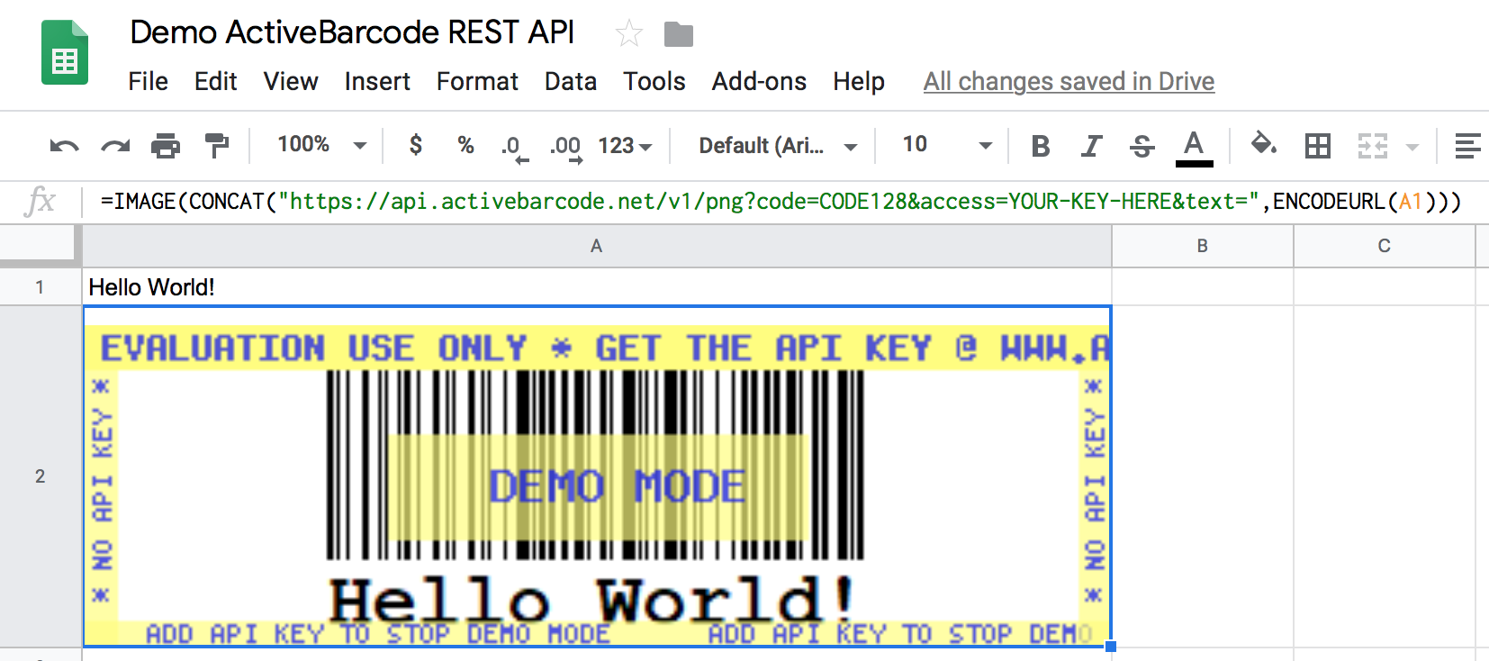 Esta captura de tela mostra o código de barras resultante na Planilha do Google que codifica o conteúdo da célula A1.
