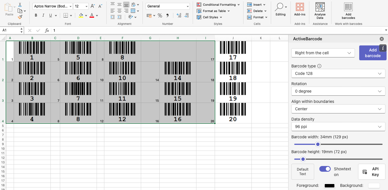 Suplemento de código de barras para Excel (Microsoft 365)